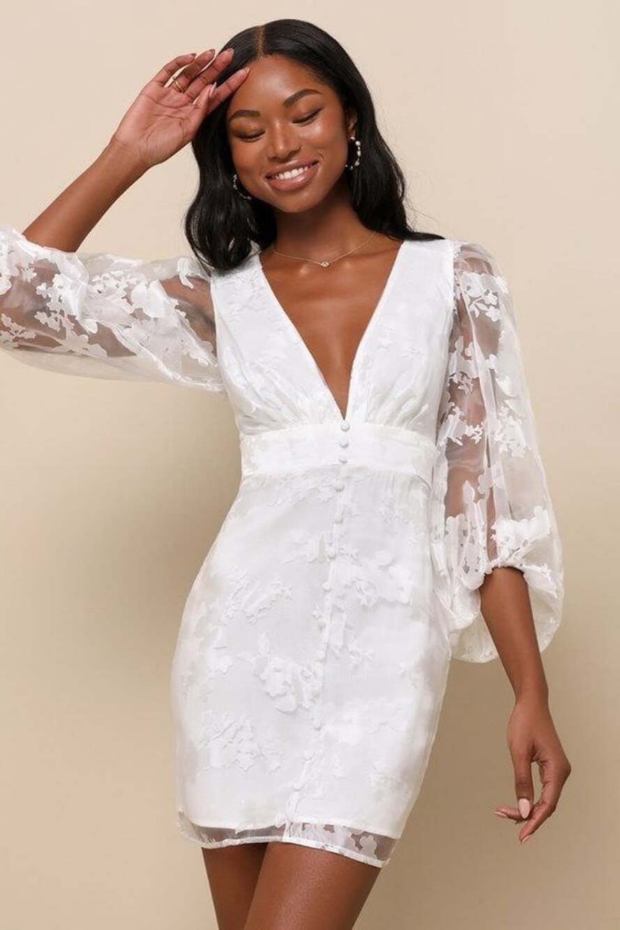 Cottagecore Lulus White Jacquard Lantern Sleeve Mini Dress